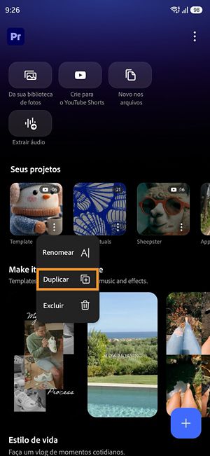 Menu Mais opções de um projeto do Premiere mostrando a opção Duplicar.
