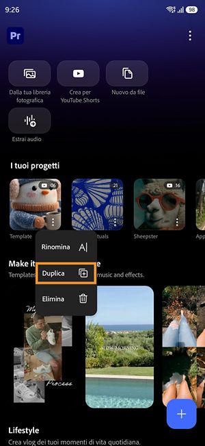 Menu Altre opzioni per un progetto Premiere che mostra l'opzione Duplica.