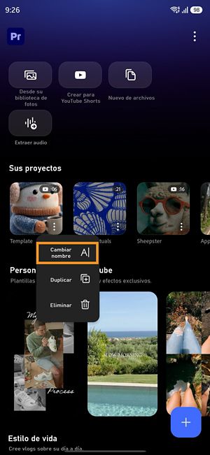Menú Más opciones de un proyecto de Premiere que muestra la opción Renombrar.