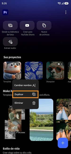 Menú Más opciones de un proyecto de Premiere que muestra la opción Duplicar.