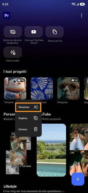 Menu Altre opzioni per un progetto Premiere che mostra l'opzione Rinomina.