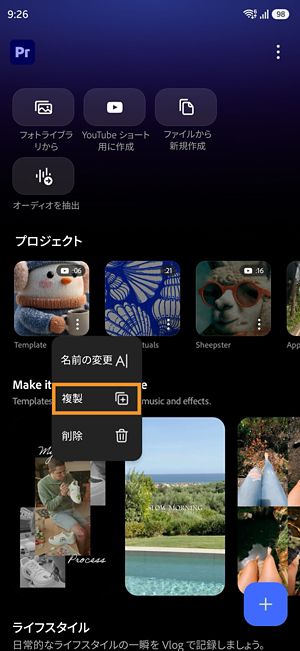 「複製」オプションが表示された Premiere プロジェクトのその他のオプション メニュー。