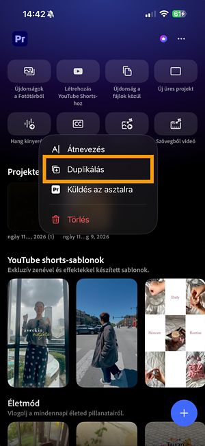 Egy Premiere projekt További lehetőségek menüje a Duplikálás lehetőséggel.