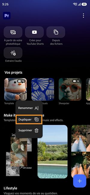 Menu Autres options pour un projet Premiere affichant l'option Dupliquer.