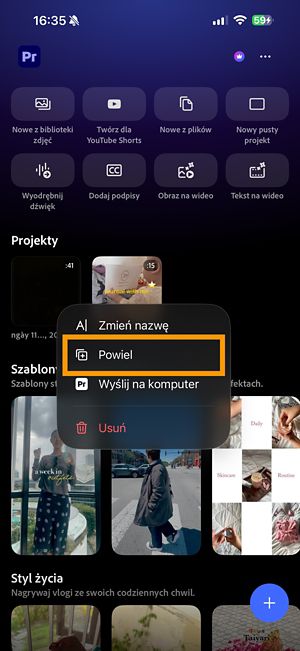 Menu Więcej opcji dla projektu Premiere Pro z wyświetloną opcją Duplikuj.