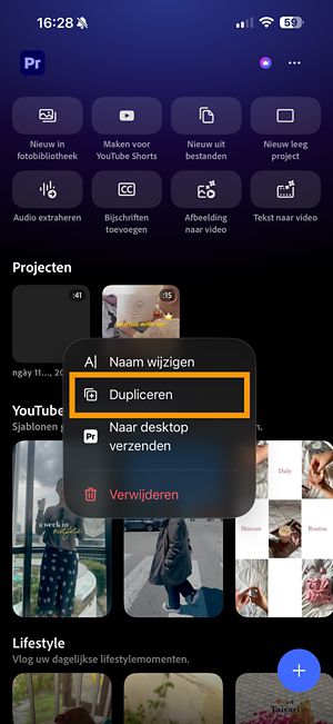 Menu Meer opties voor een Premiere-project met de optie Dupliceren.