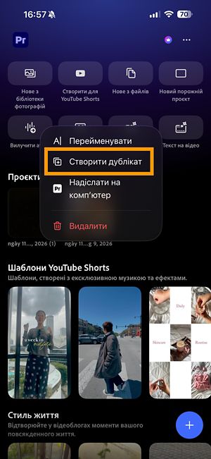 Меню «Додаткові параметри» для проєкту Premiere, у якому показано параметр «Дублювати».