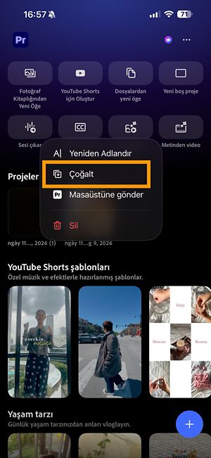 Premiere projesi için çoğalt seçeneğini gösteren diğer seçenekler menüsü.
