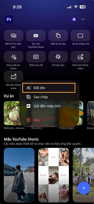 Menu tùy chọn thêm cho dự án Premiere hiển thị tùy chọn Rename.