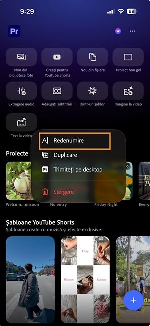 Meniul Mai multe opțiuni pentru un proiect Premiere care afișează opțiunea Redenumire.
