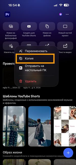 Меню дополнительных параметров для проекта Premiere, где отображается параметр «Дублировать».