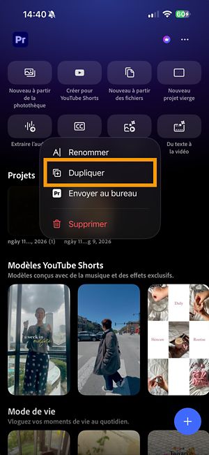 Menu Plus d’options pour un projet Premiere affichant l'option Dupliquer.