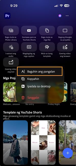 More options menu para sa Premiere project na nagpapakita ng Rename option.