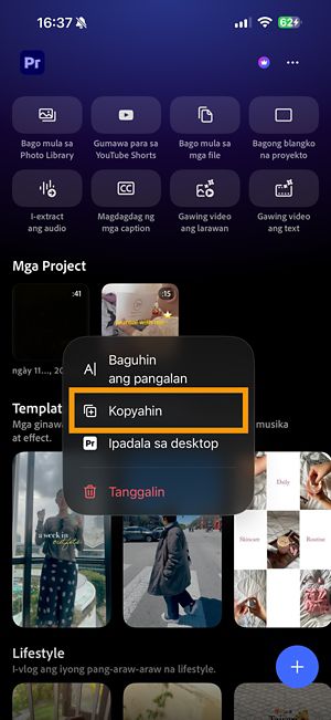 More options menu para sa Premiere project na nagpapakita ng Duplicate option.