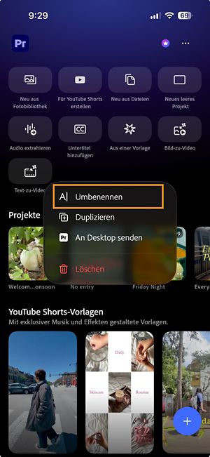 Menü „Weitere Optionen" für ein Premiere-Projekt mit der Option „Umbenennen".