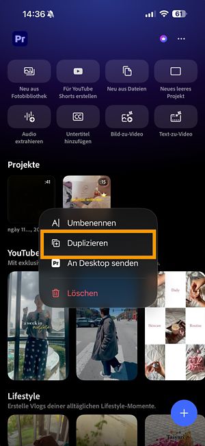 Menü „Weitere Optionen" für ein Premiere-Projekt mit der Option „Duplizieren".