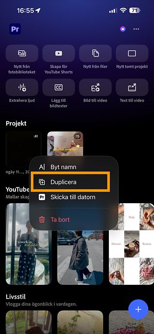 Menyn Fler alternativ för ett Premiere-projekt som visar alternativet Duplicera.