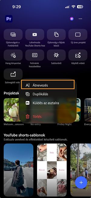 A Premiere projekt További lehetőségek menüje, amely az Átnevezés opciót mutatja.