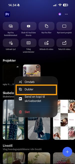 Menuen Flere muligheder for et Premiere-projekt, der viser muligheden Duplikér.