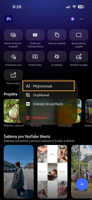 Nabídka Další možnosti pro projekt Premiere se zobrazenou možností Přejmenovat.