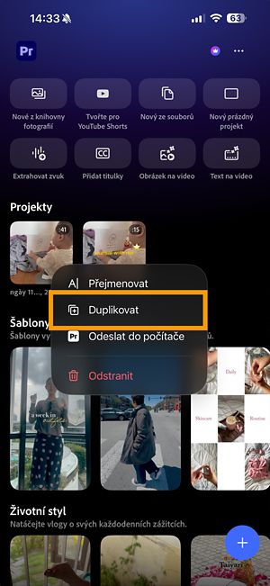 Nabídka Další možnosti pro projekt Premiere zobrazující možnost Duplikovat.