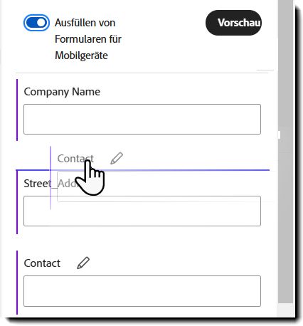 Formularerstellung mit Fokus für Mobilgeräte, die zeigt, wie Felder hinzugefügt und angeordnet werden