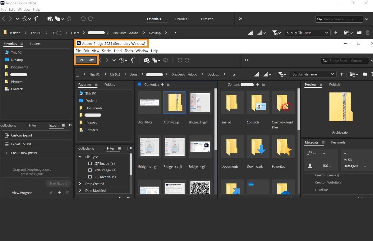 Open multiple windows in Bridge using File > New window workflow. 