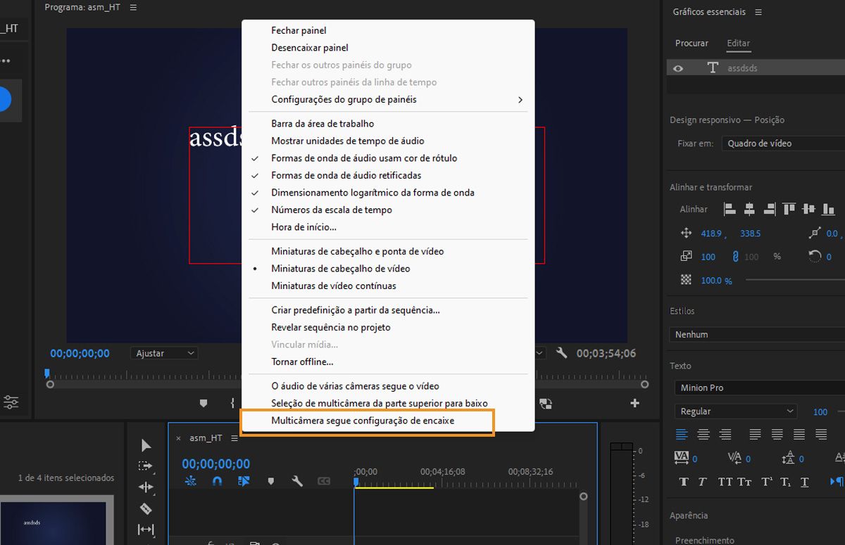 A interface mostra a Configuração multicâmera segue aninhamento destacada no menu Linha do tempo.