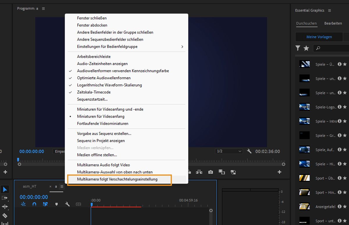 Benutzeroberfläche mit hervorgehobener Einstellung „Multikamera folgt Verschachtelungseinstellung“ im Schnittfenster-Menü.
