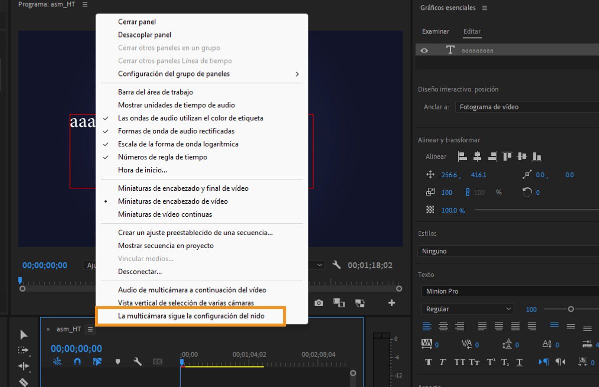La interfaz de usuario muestra la opción La multicámara sigue la configuración del anidamiento resaltada en el menú Línea de tiempo.