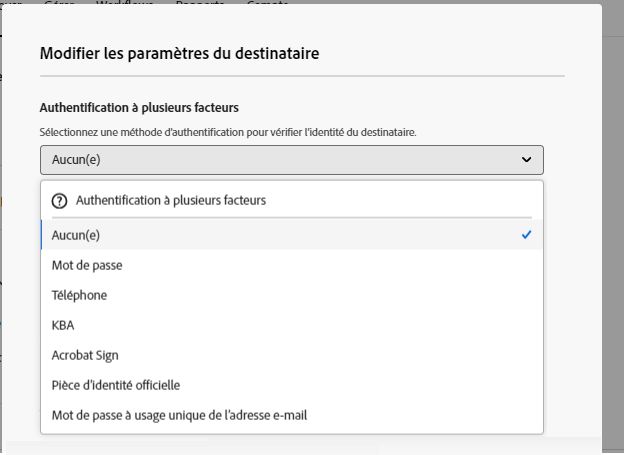 Page de l’option « Paramètres du destinataire » ouverte avec le paramètre « Authentification à plusieurs facteurs » développé