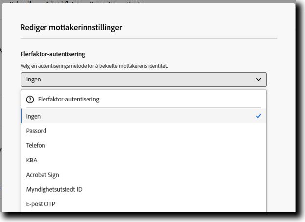 Alternativet «Mottakerinnstillinger» ble åpnet med «Flerfaktorautentisering» utvidet