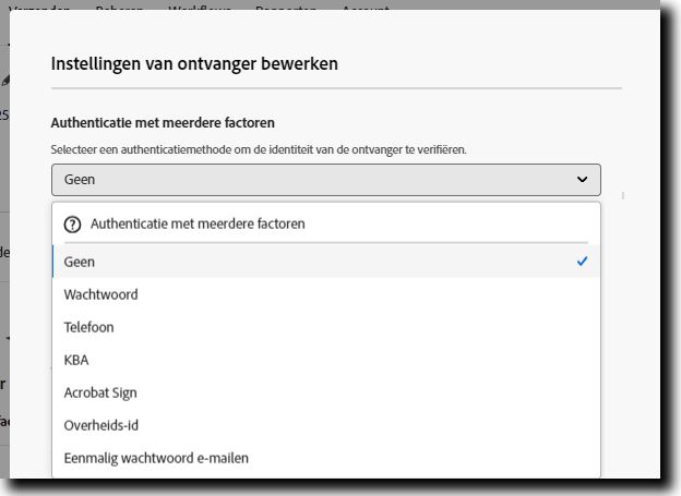 De optie Instellingen van ontvanger is geopend met de optie Authenticatie met meerdere factoren uitgevouwen
