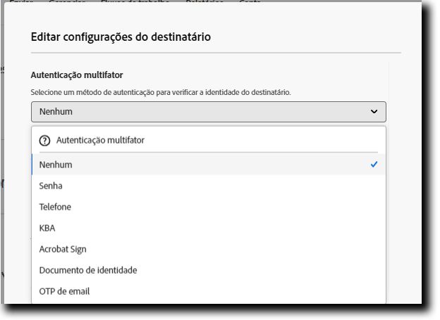 A opção “Configurações do destinatário” aberta com a “Autenticação multifator” expandida