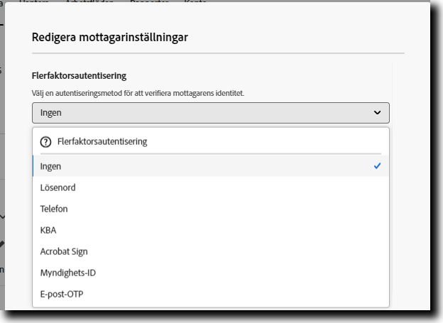 Alternativet ”Mottagarinställningar” öppnades med ”Multifaktorautentisering” expanderat