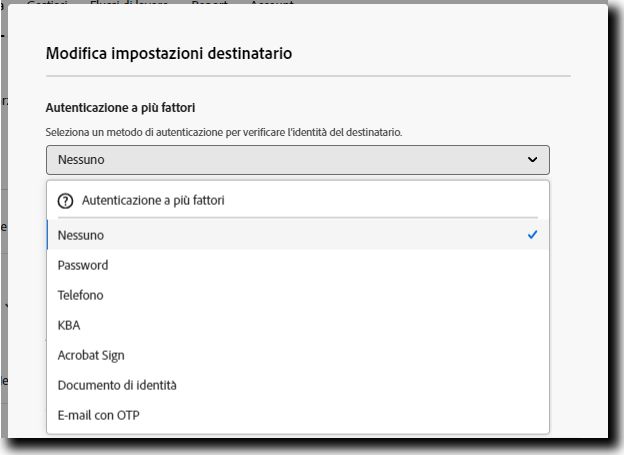 Opzione “Impostazioni destinatario” aperta con “Autenticazione a più fattori” espansa