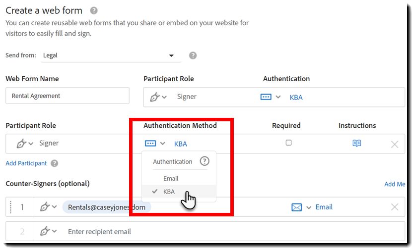 Web フォームでの追加の受信者の KBA 利用