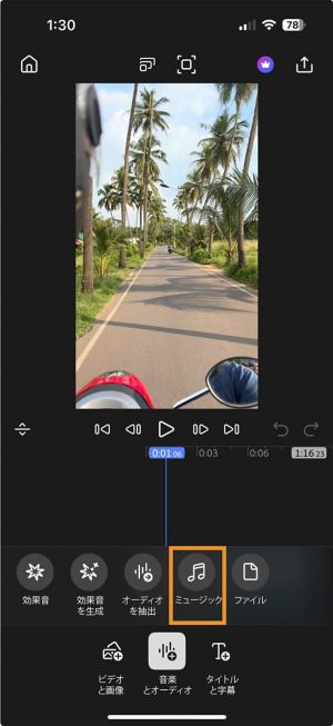 「音楽」がハイライトされた追加モードの「音楽とオーディオ」オプション。