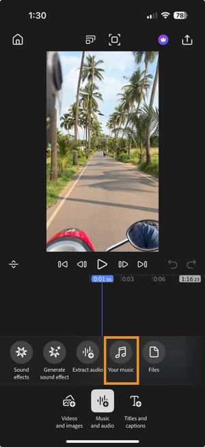 Music and audio options in Add mode with Your Music highlighted.