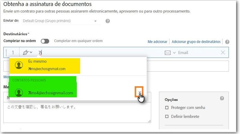 A página Enviar com um endereço de email parcialmente inserido, destacando os contatos pessoais do catálogo de endereços e o ícone para excluir a entrada