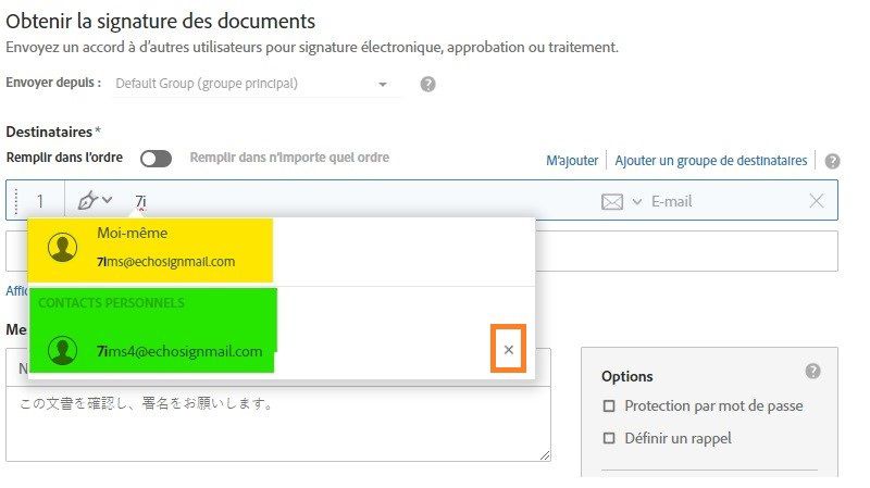 Page Envoyer avec une adresse e-mail partielle saisie, mettant en surbrillance les contacts personnels du carnet d’adresses et l’icône Supprimer l’entrée