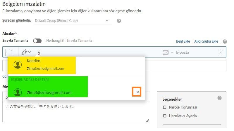 Adres defterinin kişisel iletişim kişilerini ve girişi sil simgesini vurgulayan kısmi e-posta adresi yazılmış olarak Gönder sayfası