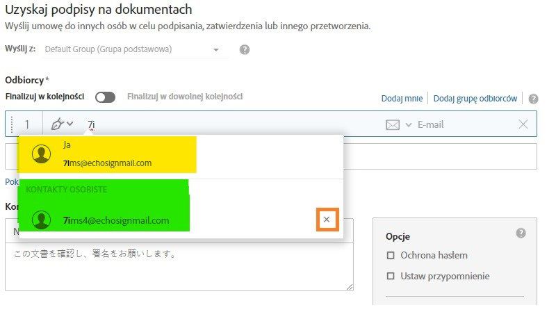 Strona Wyślij z wpisanym częściowym adresem e-mail, podświetlającym kontakty osobiste w książce adresowej i ikoną usuwania wpisu