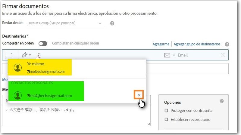 La página Enviar con una dirección de correo electrónico parcial escrita resaltando los contactos personales de la libreta de direcciones y el icono de eliminar entrada