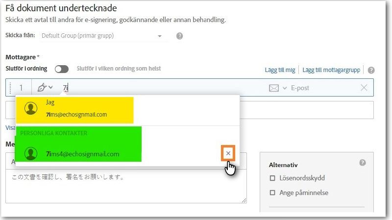 Sidan Skicka med en del av en e-postadress har skrivits in för att markera de personliga kontakterna i adressboken och ikonen Radera post