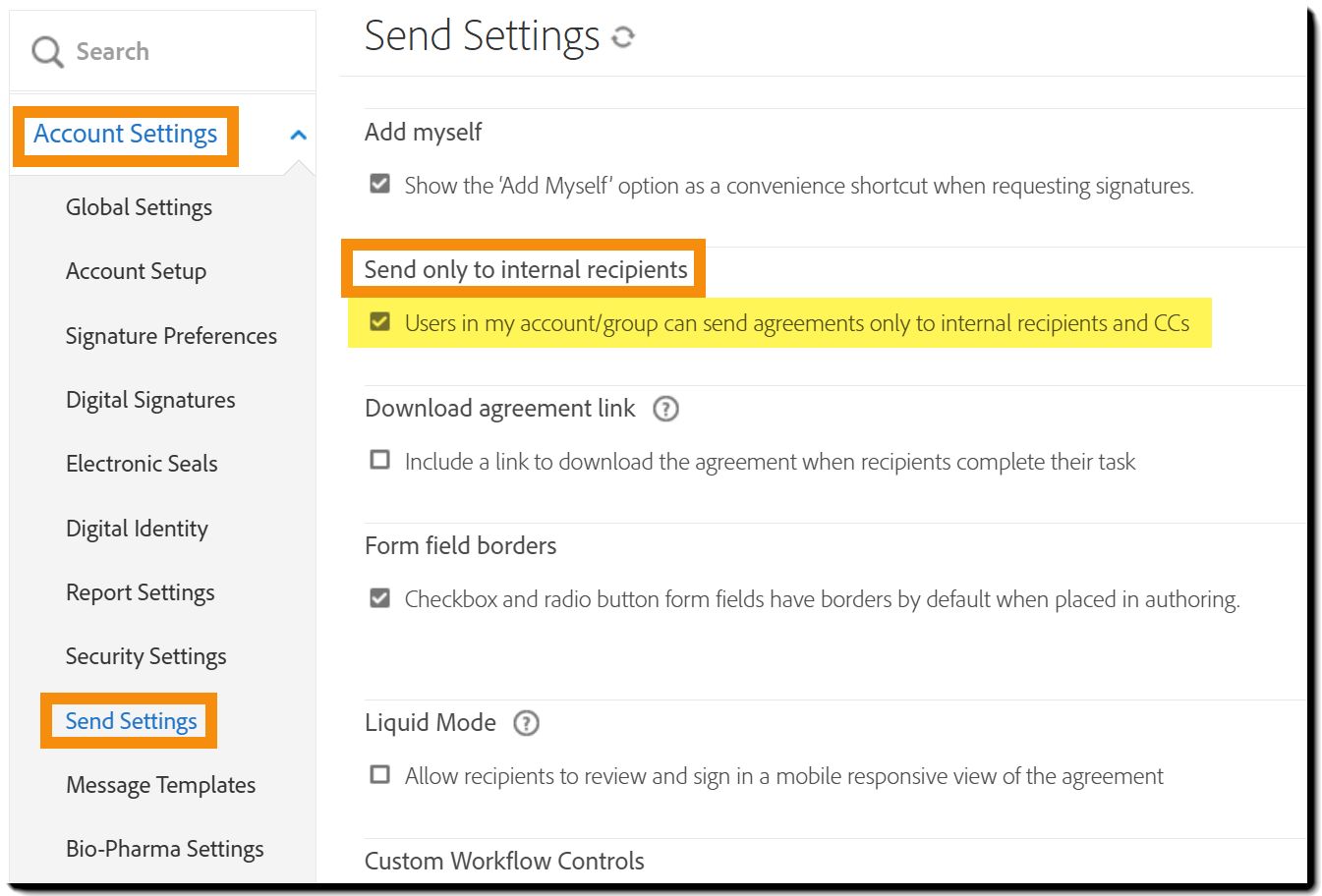 「傳送設定」頁面，其中醒目提示「僅傳送給內部收件者」功能。