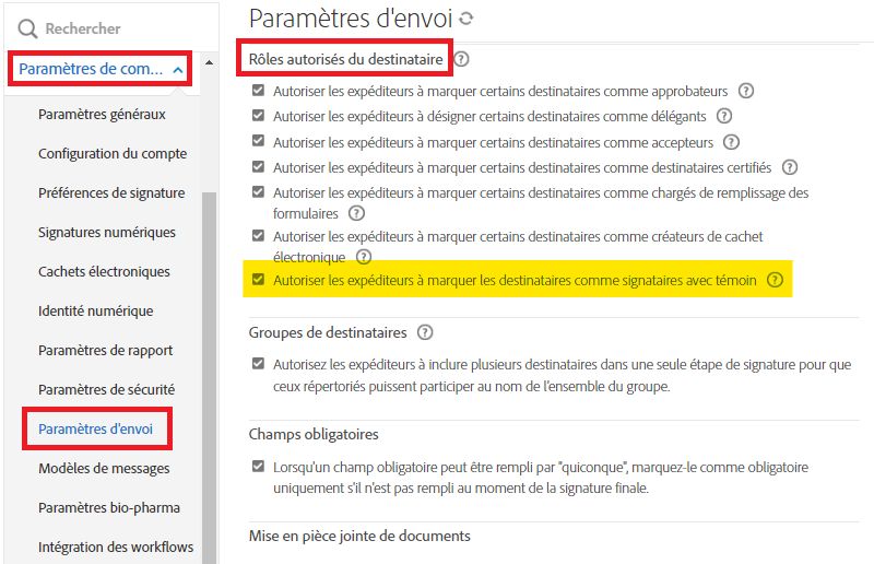 Le menu administrateur Paramètres d’envoi met en évidence la commande « Autoriser les expéditeurs à marquer les destinataires comme signataires avec témoin ».