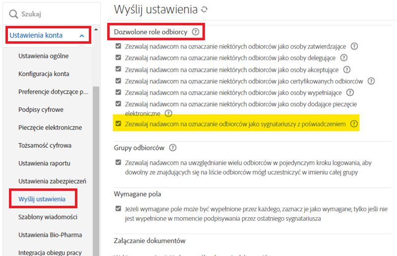 W menu administratora Ustawienia wysyłania podświetlony jest element sterujący „Zezwalaj nadawcom na oznaczanie odbiorców jako sygnatariuszy z osobą poświadczającą".