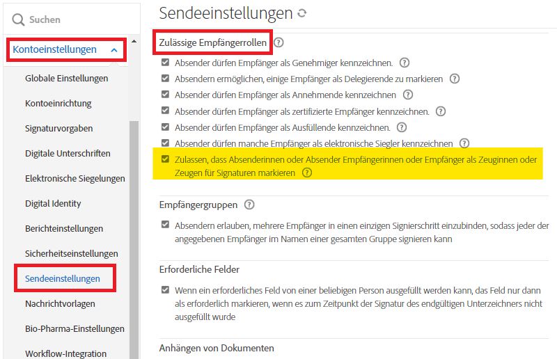 Das Adminmenü „Sendeeinstellungen“; das Steuerelement „Zulassen, dass Absendende Empfangende als beobachtende Personen für Signaturen markieren“ ist hervorgehoben.