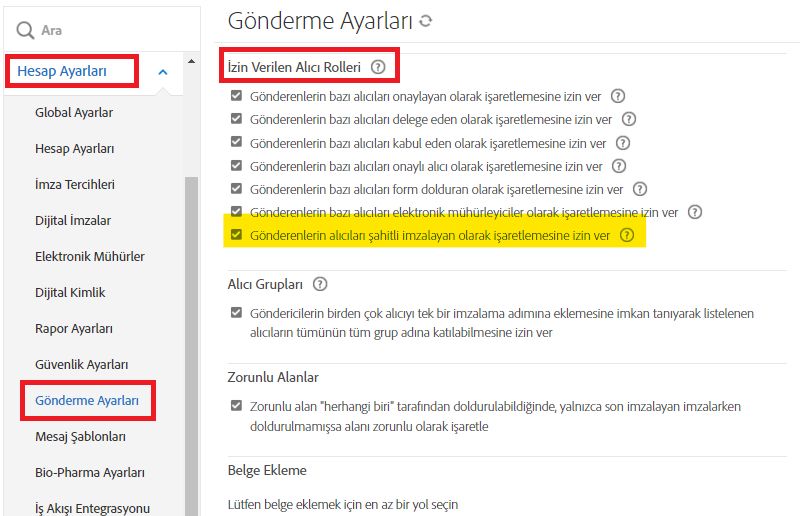 "Gönderenlerin alıcıları şahitli imzalayan olarak işaretlemesine izin ver" denetimini vurgulayan Gönderme Ayarları yönetici menüsü.